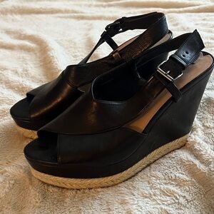 Via Spiga Black Leather Wedge Sandals